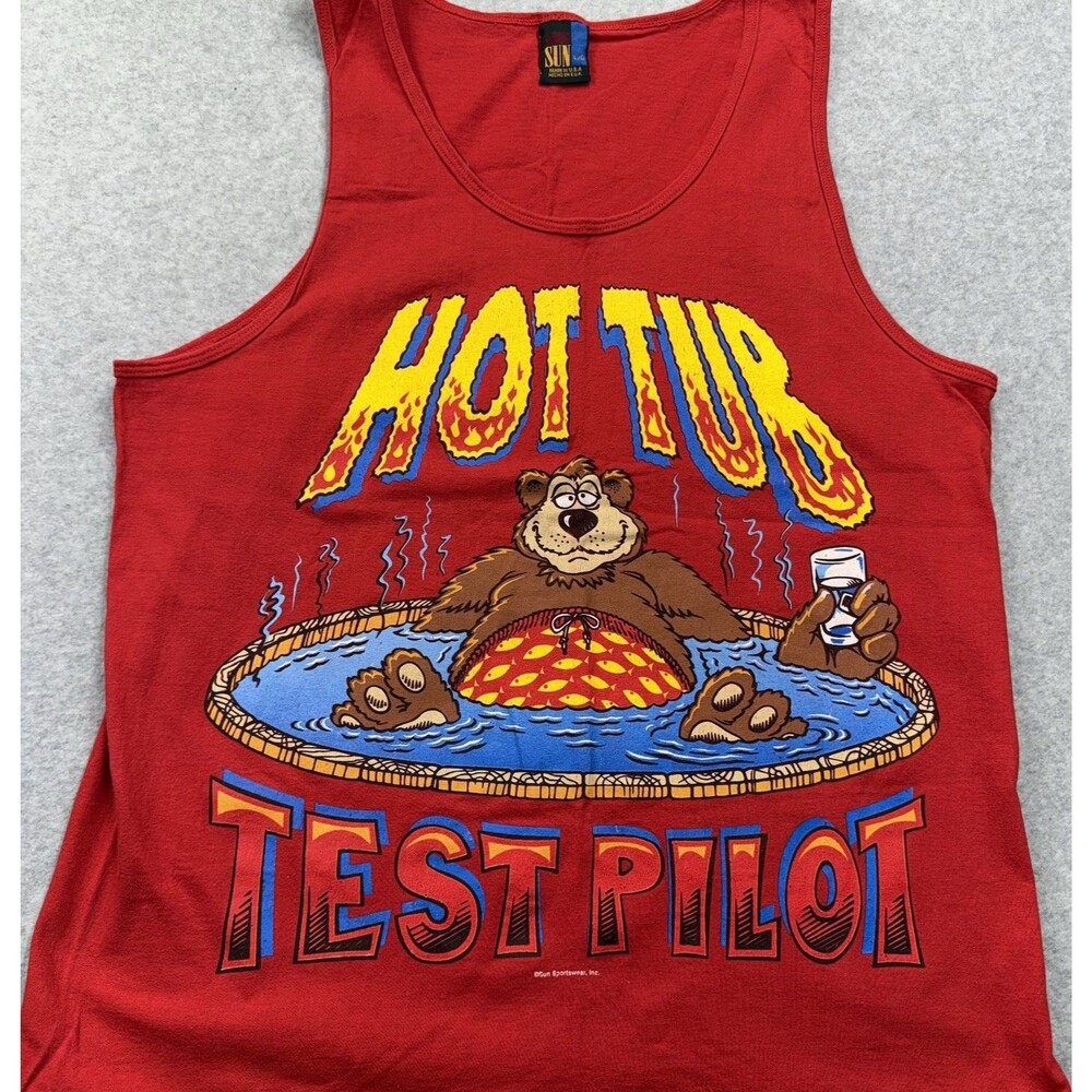 VTG Sun Sportswear Hot Tub Test Pilot Graphic Tank Red Made in USA Men's L